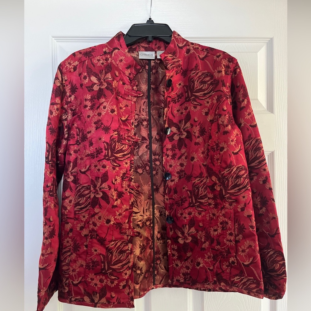 Chico's Vintage Jacket Red/Gold Metallic Floral, Silk Blend